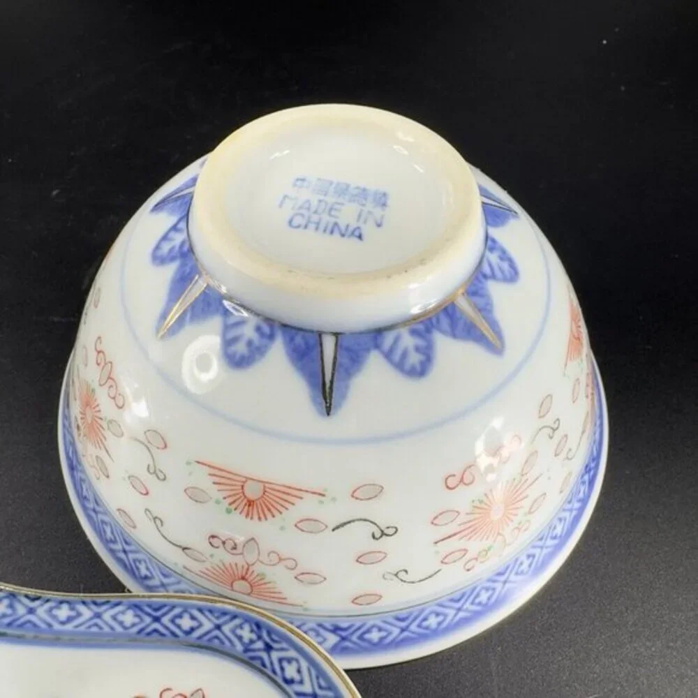 Vintage Chinese‎ Porcelain Rice Grain Bowl And Spoon Decorated Bowl With Sticker